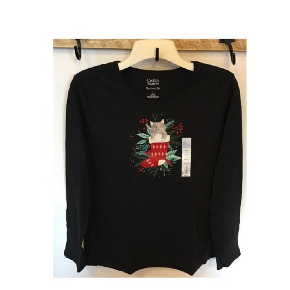 Womens Croft & Barrow Christmas Black Long Sleeve Kitty Cat Stocking Tee T-Shirt